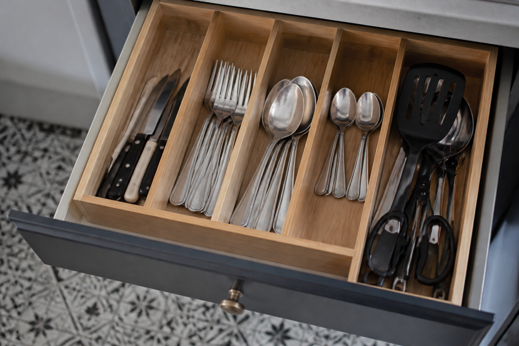 Separateurs delimitent ustensiles couteaux accessoires dans compartiments